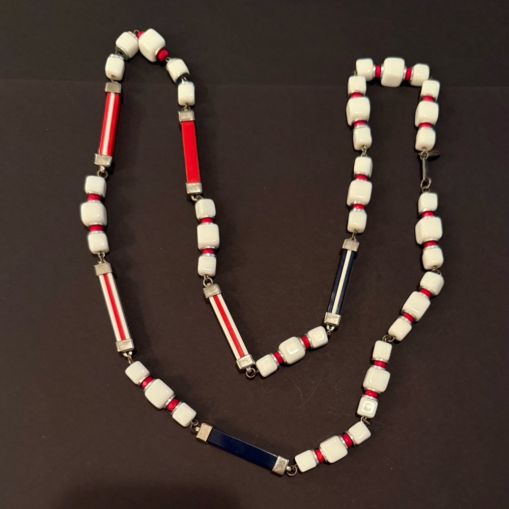 Miriam Haskell White and Red Beaded Necklace - Mid Century Vintage